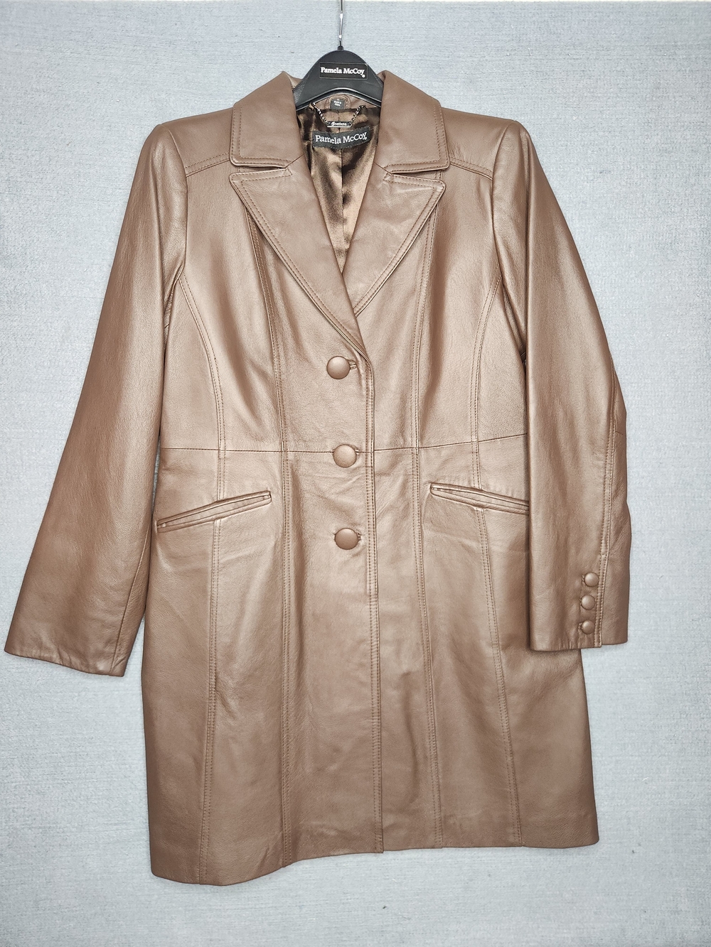 Pamela McCoy Taupe-Brown Leather Button-Front Coat
